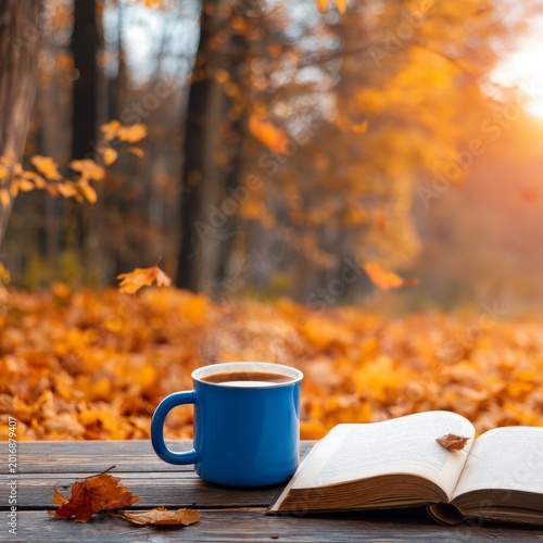 Enjoying Coffee and Reading a Book in a Forest During Fall
