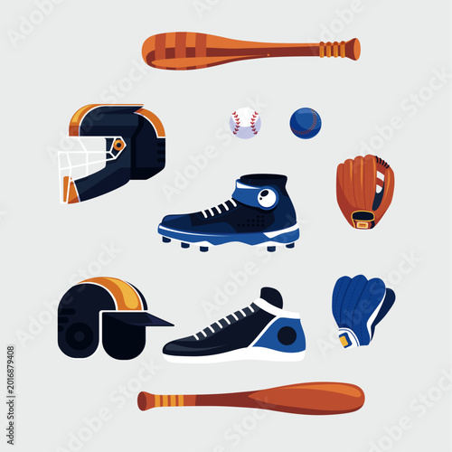 Bilde på lerret Flat lay of a baseball bat, ball, and two baseball gloves on a white background, with a graphic illustration style