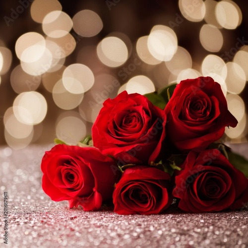 Red Roses on a Glittery Surface With Blurred Lights in the Background