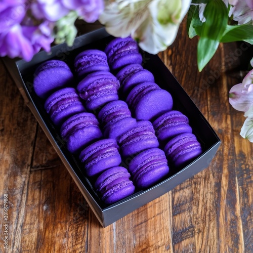 Purple Macarons Displayed in a Box With Flowers in a Bright Setting