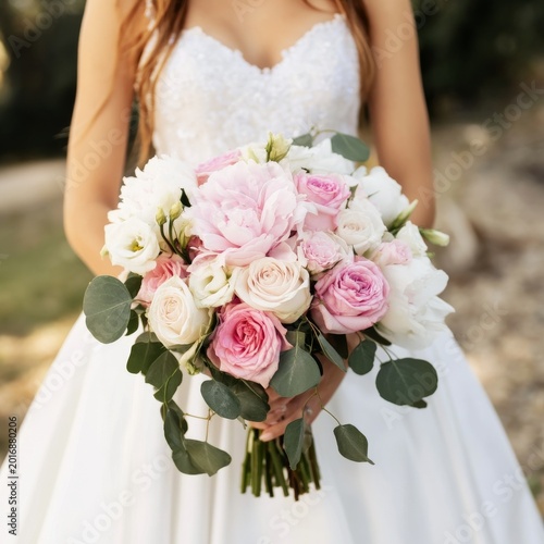Bride Holds Bouquet of Flowers During Outdoor Wedding Ceremony at Sunny Locat...