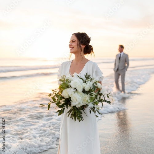 Couple Enjoys Beach Wedding While Holding Flowers at Sunset Near Ocean Waves