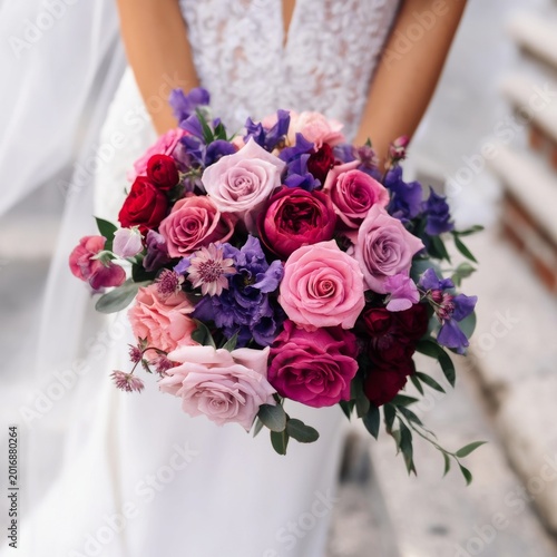 Bride Holds a Colorful Bouquet of Roses and Flowers During Her Wedding Ceremo...