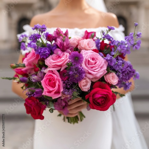Bride Holds Colorful Flower Bouquet During Wedding Ceremony in a Historic Loc...