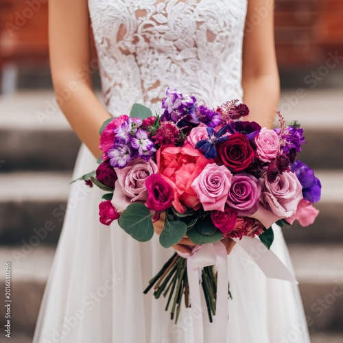 Bride Holds Colorful Flower Bouquet During Wedding Ceremony in a Historic Loc...