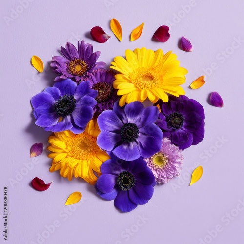 Flowers Arranged in a Circular Pattern With Purple and Yellow Blooms on a Lig...