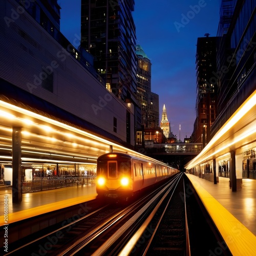 City Train Approaches the Station at Night With Tall Buildings and City Light...