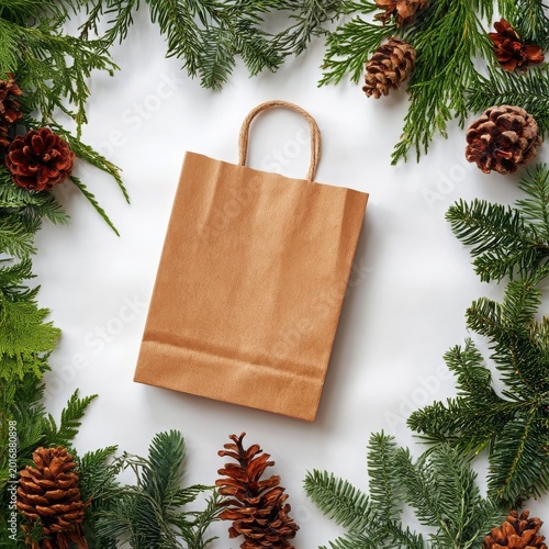 Brown Paper Bag Surrounded by Pine Cones and Greenery on a White Surface Duri...