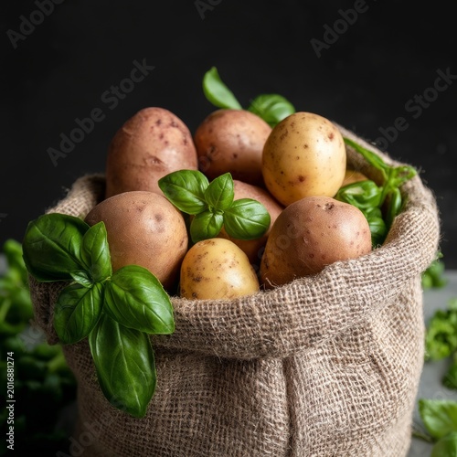 Fresh Potatoes and Basil in a Burlap Sack on Wooden Table With Dark Background