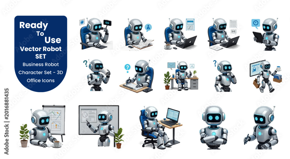 Fototapeta premium Futuristic 3D AI robot mascot character set performing business and office technology automation tasks