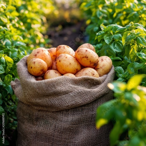 Fresh Potatoes in a Burlap Sack Surrounded by Green Plants in Daylight