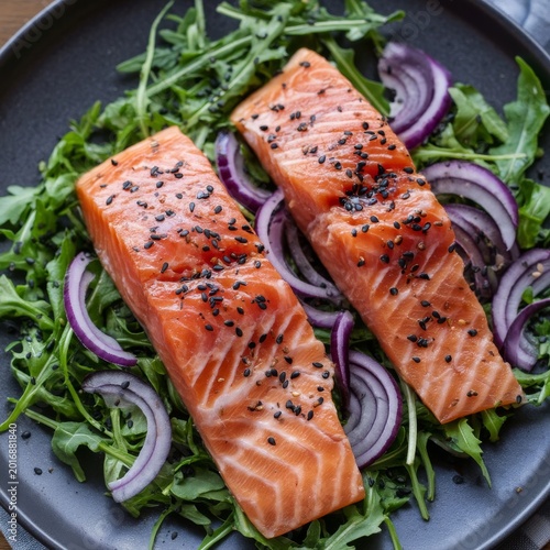 Fresh Salmon on a Bed of Arugula and Red Onion Served on a White Plate in a S...