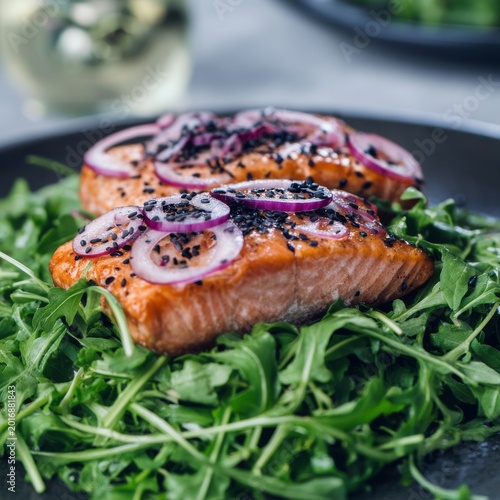 Delicious Salmon Fillet Served on a Bed of Fresh Arugula With Onions on Top