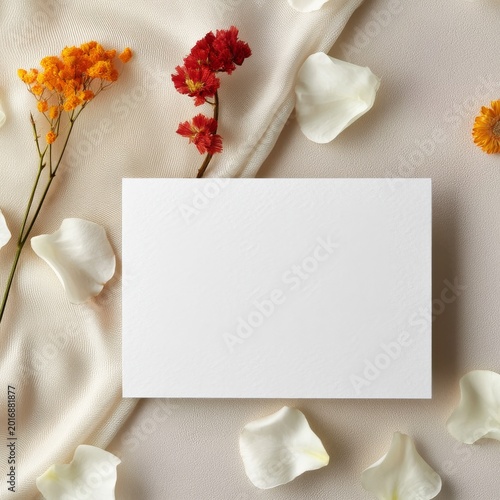 Flowers and Petals Surround a Blank Card on a Soft Fabric Surface During Dayl...