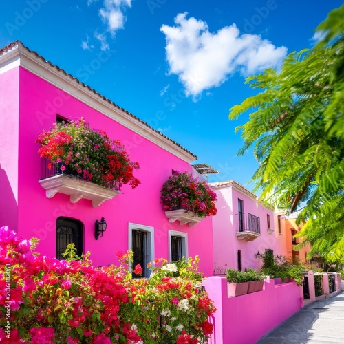 Bright Pink House With Flowers on Balcony and Street View in Sunny Weather
