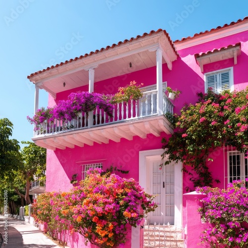 Bright Pink House With Flowers on Balcony and Street View in Sunny Weather