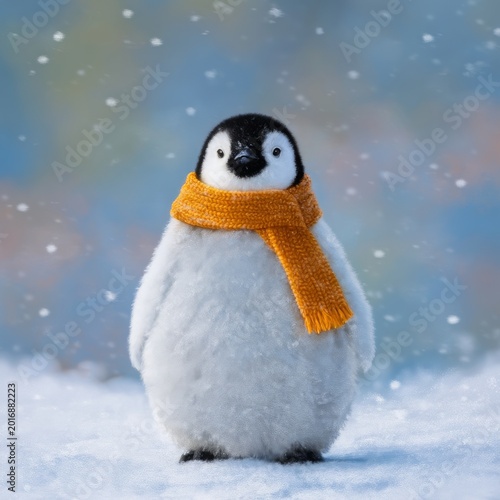 Penguin Stands on Snow Wearing Bright Scarf During Winter Season