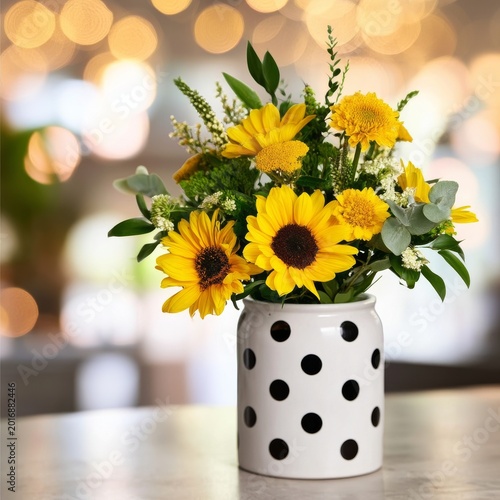 Bright Flowers in a Polka Dot Vase on a Table With Blurred Lights in the Back...