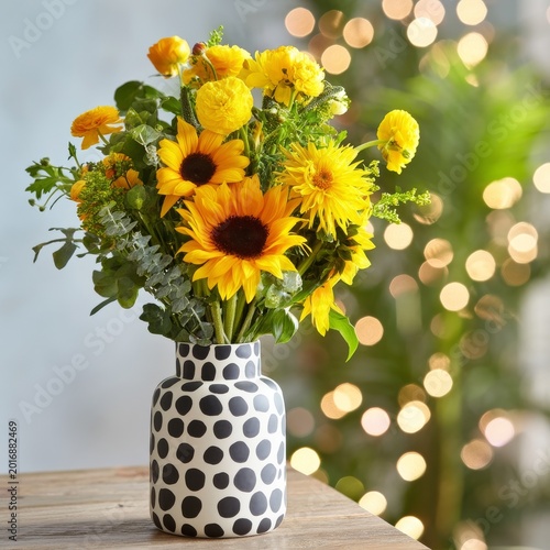 Bright Flowers in a Polka Dot Vase on a Table With Blurred Lights in the Back...