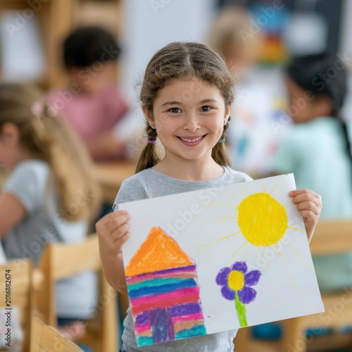 Child Shows Drawing of House With Flowers in Art Class During Morning Session
