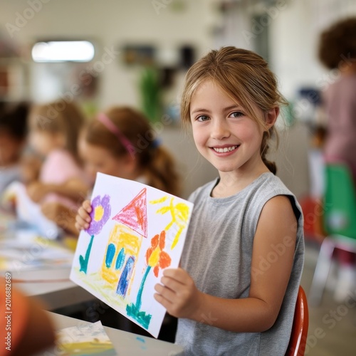 Child Shows Drawing of House With Flowers in Art Class During Morning Session