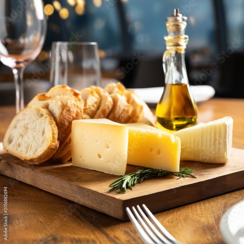 Cheese and Bread Served on a Wooden Board in a Restaurant During Dinner