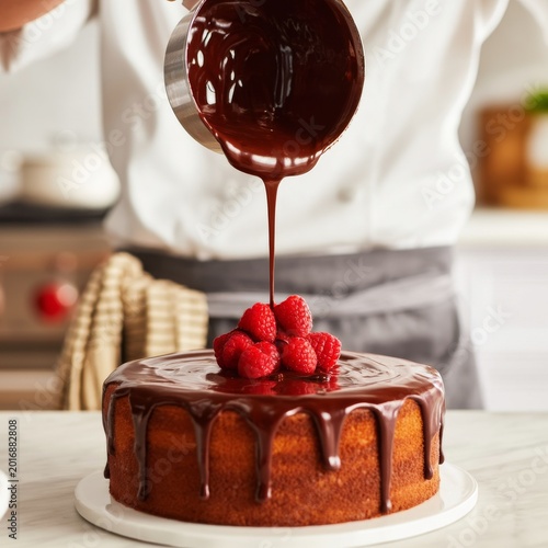 Baker Pours Chocolate Sauce Over Cake With Raspberries on Top in Kitchen Setting