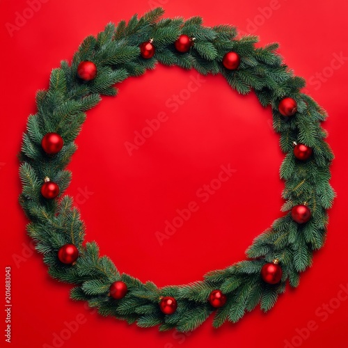 Green Wreath With Red Ornaments on a Red Background for Holiday Decoration