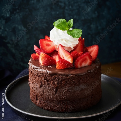 Chocolate Cake With Strawberries and Whipped Cream on a Dark Plate