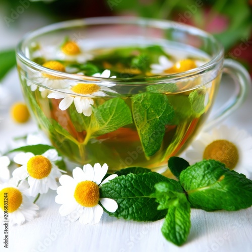 Fresh Herbal Tea With Mint and Chamomile in Glass Cup on a Wooden Table