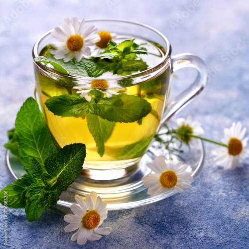 Fresh Herbal Tea With Mint and Chamomile Flowers in a Clear Glass Cup on a Bl...