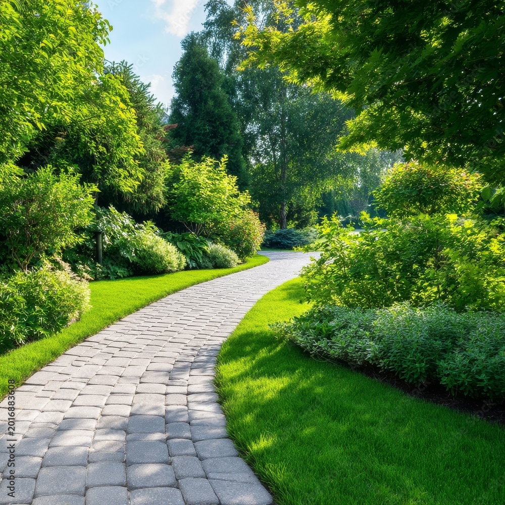 Obraz premium Pathway Leads Through a Garden With Various Plants and Trees on a Sunny Day