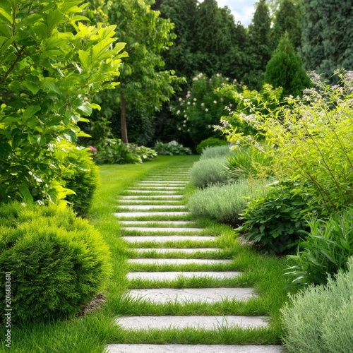 Pathway Leads Through a Garden With Various Plants and Trees on a Sunny Day