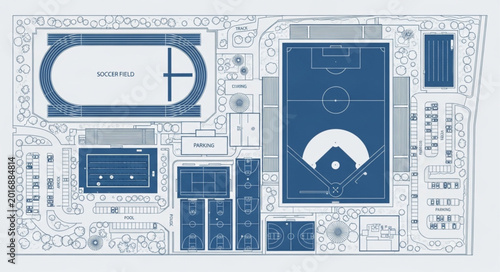 Bild auf Leinwand Blueprint of a Sports Complex with Baseball Field and Track.