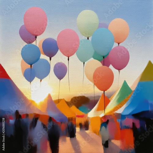 Colorful Balloons Float Above Tents at a Festive Evening Event in the Sunset