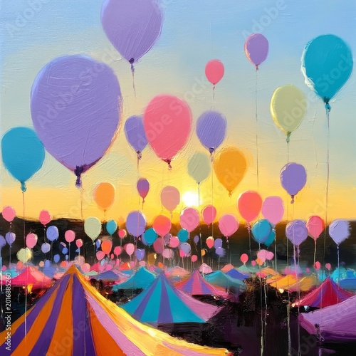 Colorful Balloons Float Over a Carnival at Sunset Near a Mountain Range