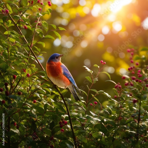Colorful Bird Perches on Branch During Sunset at a Garden in Summer
