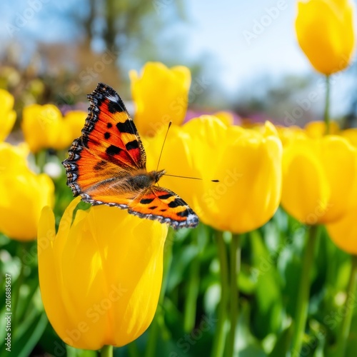 Butterfly Flies Around Yellow Tulips in Spring Garden