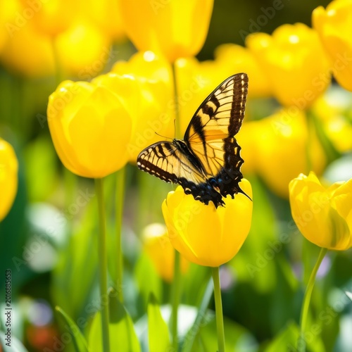 Butterfly Sits on Yellow Tulips With Bright Sunlight in Garden on a Spring Day