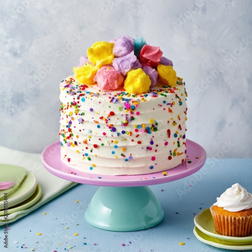 Colorful Cake With Cotton Candy Sits on a Stand at a Party Table in the After...