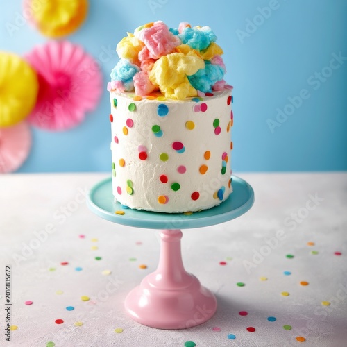 Colorful Cake With Cotton Candy on a Stand in a Festive Setting