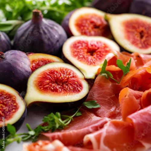 Fresh Figs and Cured Meat Presented on a Wooden Platter in a Bright Kitchen S...
