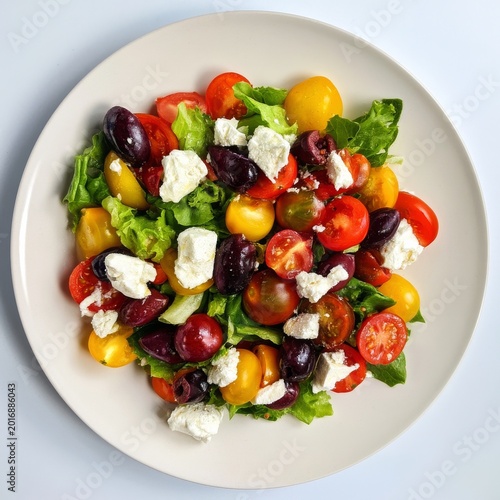 Fresh Vegetable Salad With Tomatoes, Lettuce, and Cheese on a Plate