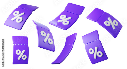 фотографія Set of Flying purple 3d discount tags with percent signs, isolated on background