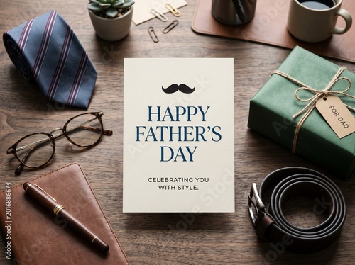Happy Fathers Day greeting card on a desk with accessories