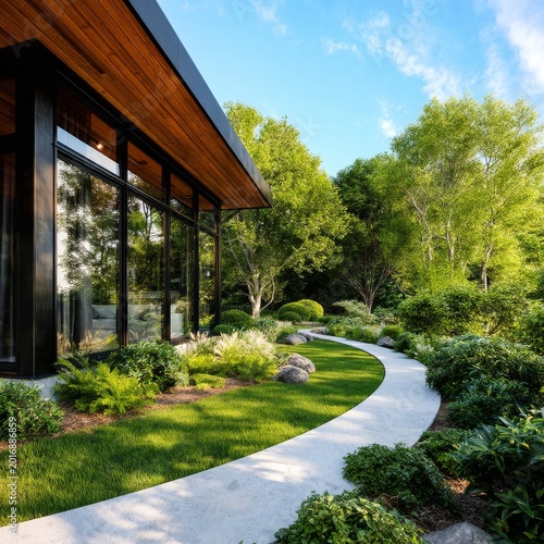 Modern House With Large Windows and Garden on Sunny Day