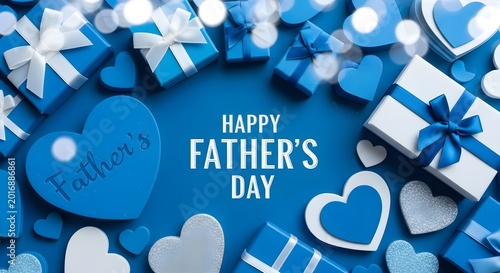 Happy Father's Day greeting with blue gift boxes and hearts