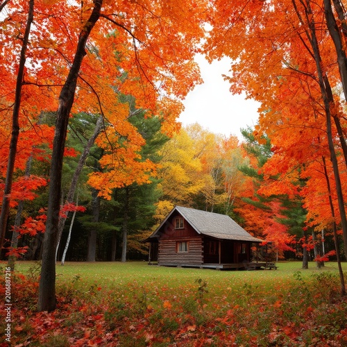 Bright Autumn Leaves Surround a Wooden Cabin in the Forest During the Daytime