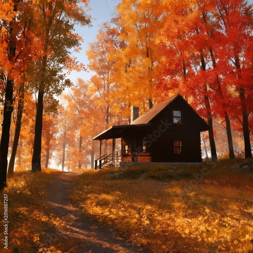 Log Cabin Stands Among Orange and Red Trees in Autumn Scenery Near a Green Me...