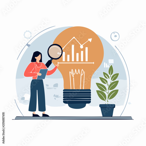 Businesswoman analyzing growth chart inside a lightbulb with magnifying glass